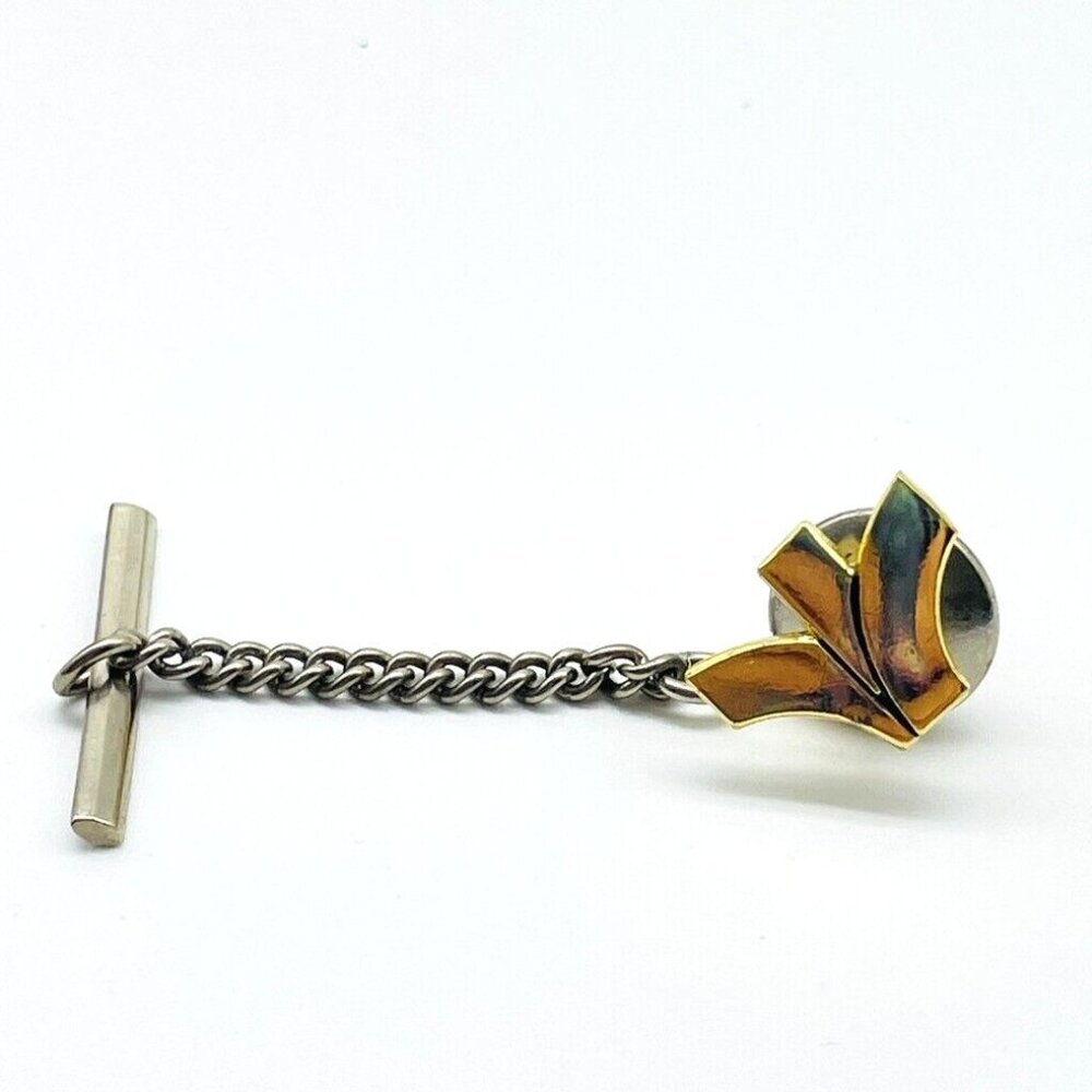 Vintage Gold Tone Leaf Tie Tack Chain Lapel Pin Fan